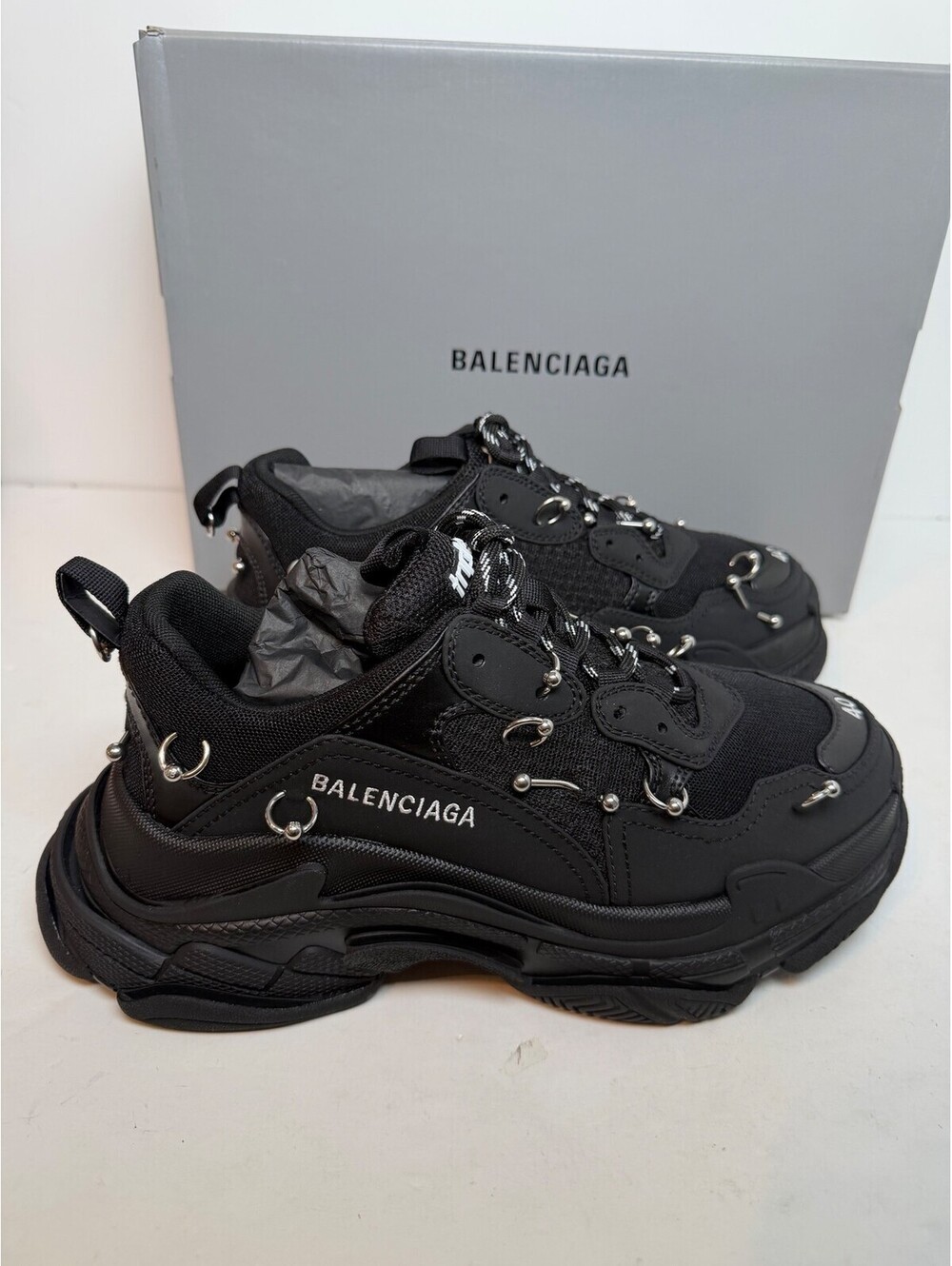 Balenciaga Triple S Pierced Black Womens Sneakers 10/40 New